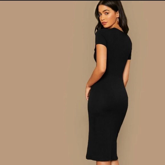 Rib-knit Slit Hen Bodycon Dress Black - Picture 2 of 8